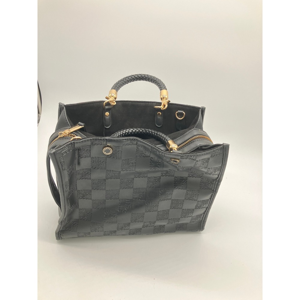 Steve Madden Black Pebbled Faux Leather Tote Bag Gold Hardware Zip Top Handbag - Picture 2 of 10